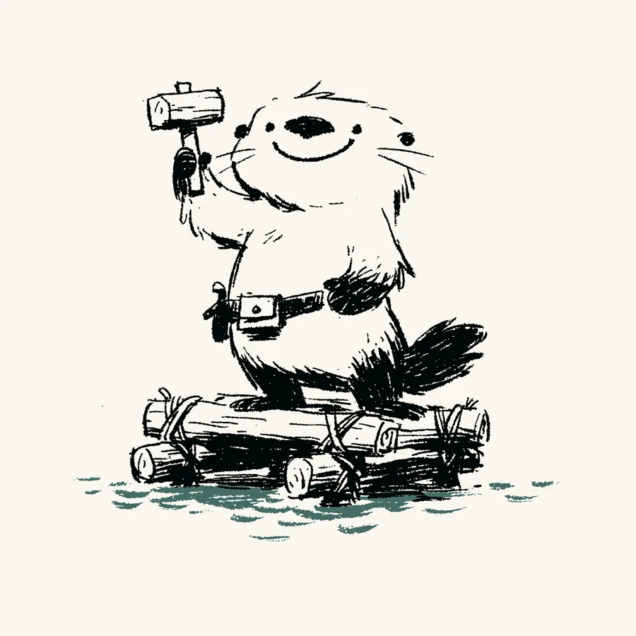 An otter with a tool belt building a small wooden raft
