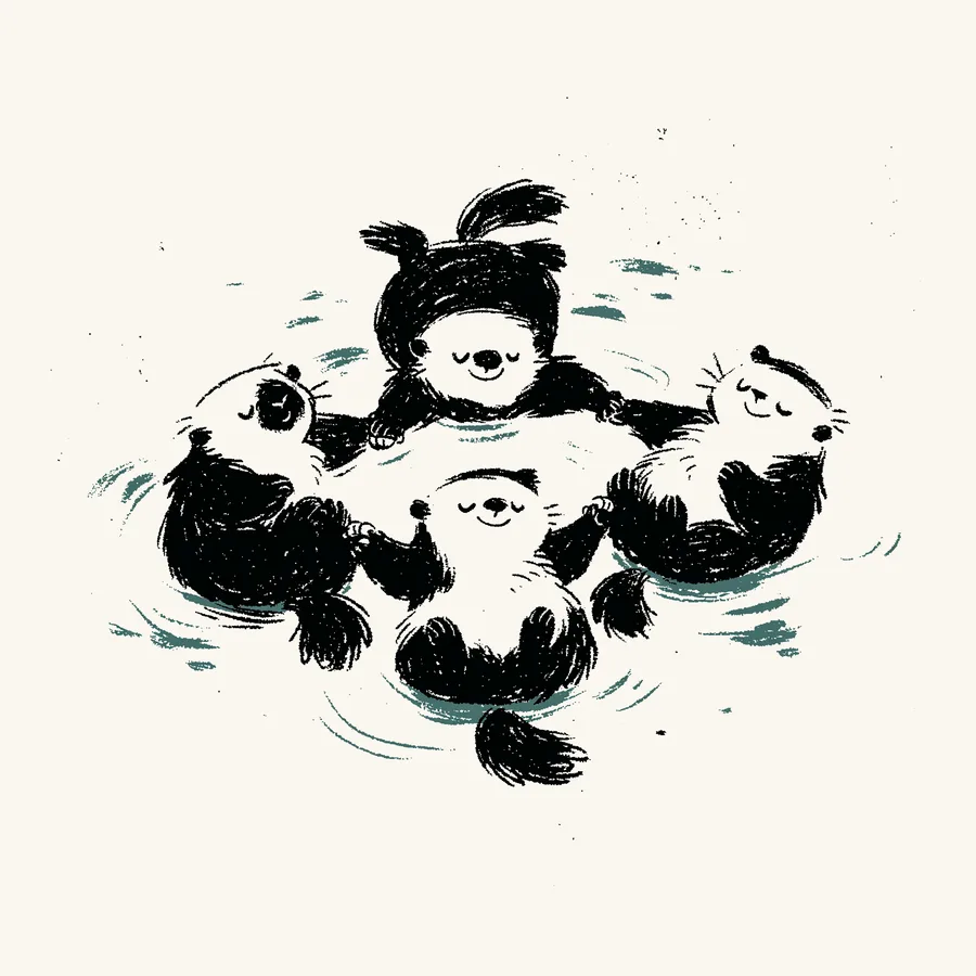A circle of otters floating together, all holding hands