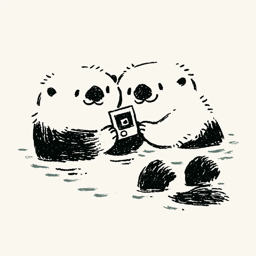 Two otters looking at a photograph together